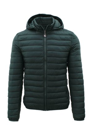Giacca imbottita verde scuro con trapuntatura orizzontale, cerniera frontale, tasche laterali e cappuccio attaccato.