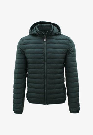 Giacca imbottita verde scuro con trapuntatura orizzontale, cerniera frontale, tasche laterali e cappuccio attaccato.