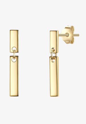 Zelta toņos metāla auskari ar taisnstūra piekariņiem, kas savienoti ar mazām gredzenēm. Dizains ir elegants ar pulētu apdari.