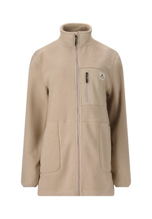 Beige fleece-takki korkealla kauluksella, täysimittaisella vetoketjulla, rintataskulla ja kahdella etutaskulla. Rakenne on teksturoitu ja materiaali näyttää pehmeältä.