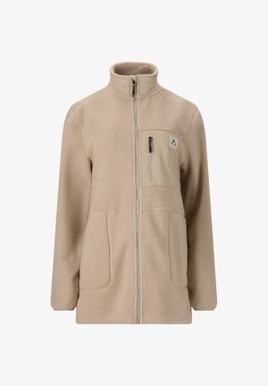 Chaqueta de forro polar beige con cuello alto, cremallera frontal completa, bolsillo en el pecho y dos bolsillos frontales. Tejido texturizado con un aspecto suave.