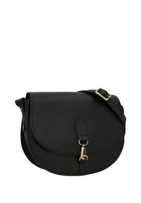 Musta nahkainen crossbody-laukku, jossa kaareva läppä, kultainen solkisuljin ja säädettävä olkahihna, jossa kultainen solki.