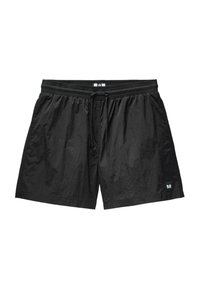Schwarze Badeshorts aus leichtem, strukturiertem Stoff. Verfügt über einen elastischen Bund mit Kordelzug und einem kleinen Markenschild.