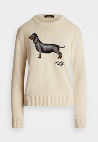 Beige adīts džemperis ar melnu un brūnu takša grafiku, ar ribotām piedurknēm un apakšmalu. "RLL" logo attēlots zem dizaina.