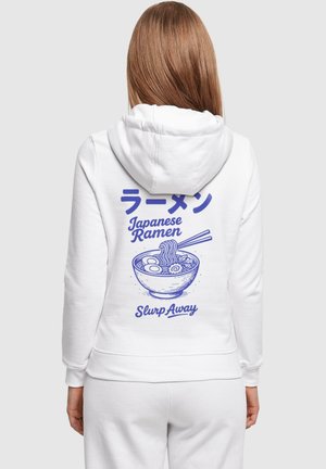 White hoodie featuring a blue graphic of a ramen bowl, with text reading "Japanese Ramen" and "Slurp Away." Soft, comfortable fabric.