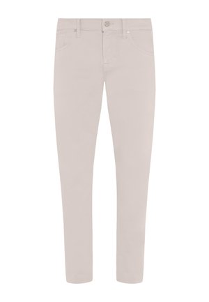 Helle beigefarbene Hosen aus Baumwolle. Slim-Fit-Design mit frontalen Taschen, Knopfverschluss und minimalen Nähten.
