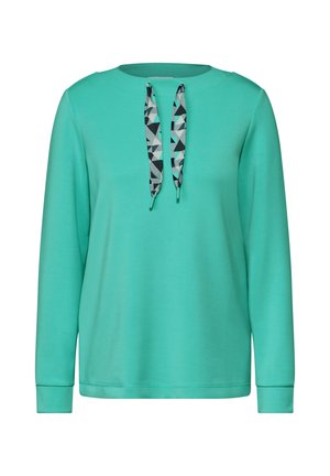 Turquoise long-sleeve sweatshirt with a round neckline and patterned drawstring accents in gray, black, and white. Soft fabric texture.
