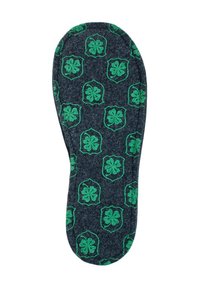 Sole in dark gray fabric with a textured surface, featuring a repeated green clover design within shield outlines.