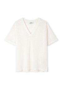 V-hals t-shirt met korte mouwen in off-white, gemaakt van lichtgewicht stof, met zijsplits en een losse pasvorm, die een zachte textuur biedt.