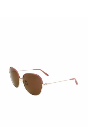 Occhiali da sole con sottili montature dorate, lenti ovali marroni e dettagli rosa lungo il bordo superiore e le aste.