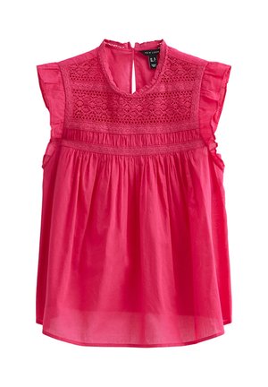 Pink short-sleeve blouse with a high neckline, lace detailing on the bodice, and gathered waist. Lightweight fabric with a soft texture.