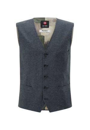 Men’s dark gray buttoned vest with three pockets and camouflage inner lining, labeled Club of Gents NextGen project.