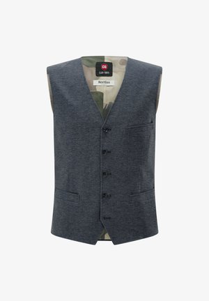 Men’s dark gray buttoned vest with three pockets and camouflage inner lining, labeled Club of Gents NextGen project.