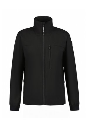 Veste noire à zip avec col haut, poignets élastiques et poches à glissière à l'avant. Présente une texture lisse et mate ainsi qu'un design minimaliste.