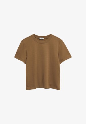 Brown short-sleeve crew neck T-shirt with a straight hem, displayed flat on a white background.