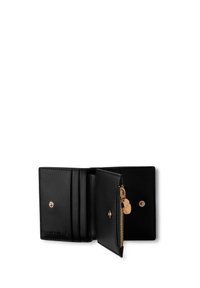 Schwarze Lederbrieftasche mit einem Reißverschlussfach, mehreren Kartenfächern und einem Druckverschluss. Verfügt über goldfarbene Hardware und ein strukturiertes Innenfutter.