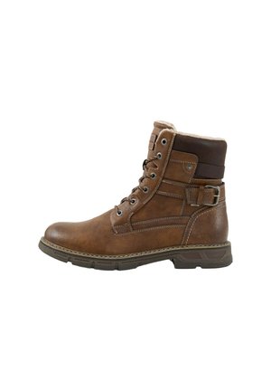 Brauner Leder-Schnürstiefel mit gepolstertem Kragen, Schnallendetail und dicker Gummisohle.