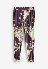 Purple floral-patterned jogger pants with elastic waistband and side pockets, featuring white accents and a soft, smooth texture.