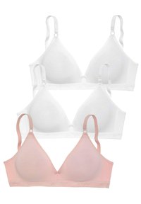 Three bras: two white and one pink. Each has a triangular shape, adjustable straps, soft material, and a decorative band with text.