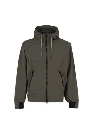 Giacca verde oliva con cappuccio, chiusura con zip e due tasche laterali. Caratterizzata da lacci grigi, polsini a coste e una fodera interna testurizzata.