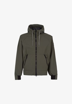 Olijfgroene jas met capuchon, rits aan de voorkant en twee zijzakken. Beschikt over grijze trekkoorden, ribgebreide boorden en een gestructureerde binnenvoering.