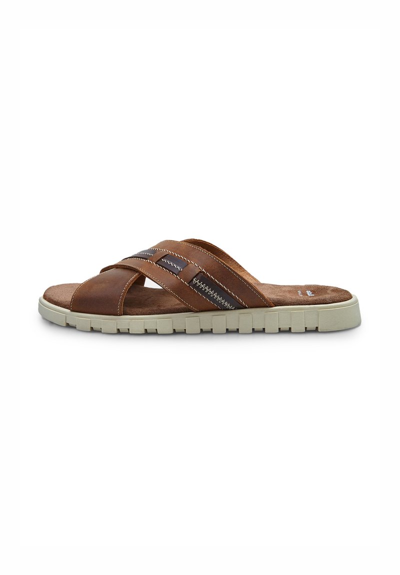 Sandali scivolati in pelle marrone con cinturini incrociati, soletta imbottita e suola in gomma leggera e decorata.