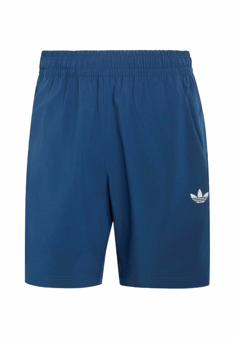 Blaue elastische Shorts mit Seitentaschen und einem kleinen weißen Adidas-Trefoil-Logo am linken Bein.
