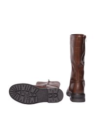 Stivali in pelle marrone al ginocchio con suola texture, parte superiore liscia e chiusura con zip. La suola presenta un motivo di battistrada robusto per una migliore aderenza.