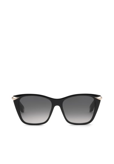 Lunettes de soleil noires avec des montures épaisses carrées, des verres foncés dégradés et de petits accents dorés aux coins supérieurs extérieurs des montures.