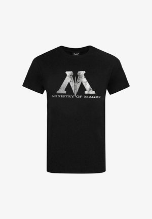 Black cotton t-shirt featuring a white "Ministry of Magic" logo with angular "M" design and decorative accents in a distressed style.
