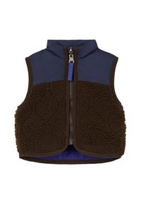 Fleeceväst med marinblå övre del och brun texturerad nedre del, med en främre dragkedja och lila foder. Utan ärmar, kragefri design.