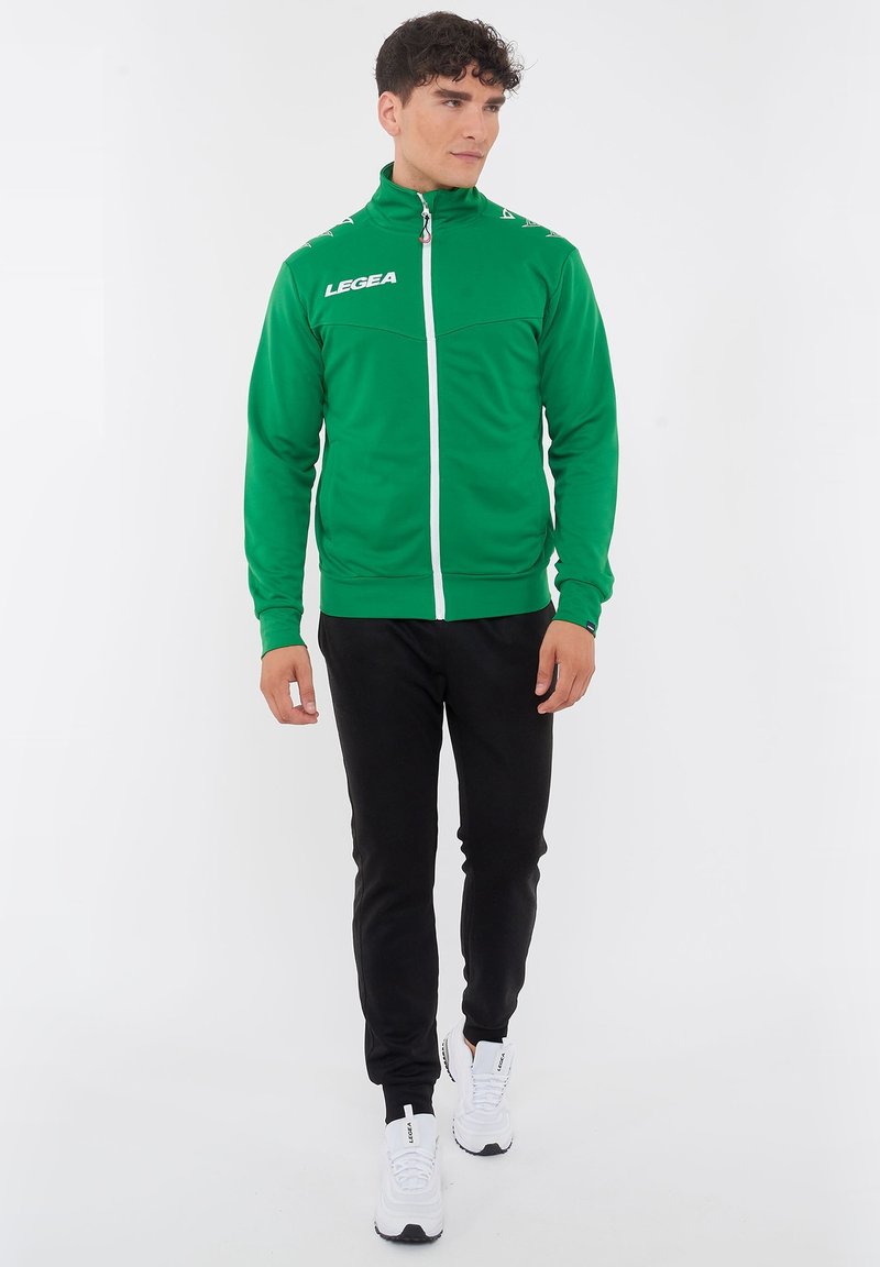 Homme portant une veste de sport verte à fermeture éclair, un pantalon noir et des baskets blanches, debout et regardant sur le côté sur fond blanc.