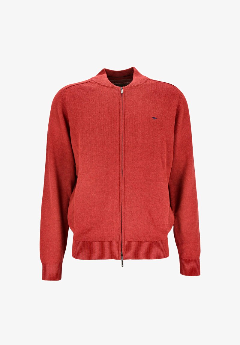 Roter Strick-Cardigan mit Reißverschluss, geripptem Kragen, Bündchen und Saum, mit einem kleinen dunklen, gestickten Logo auf der linken Brust.