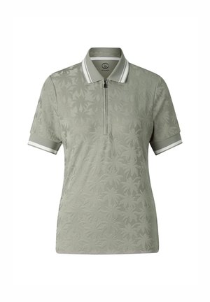 Svetlo zelena polo majica s kratkimi rokavi z nežnim vzorcem palm, sprednji polovični zadrgi ter ovratnikom in robovi rokavov s črtami.