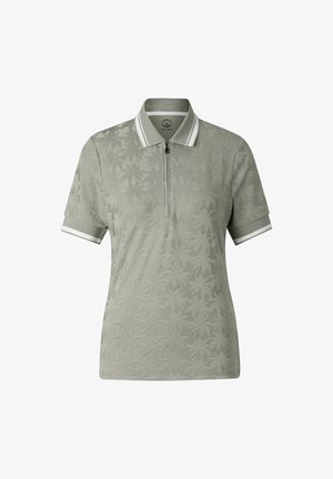 Svetlo zelena polo majica s kratkimi rokavi z nežnim vzorcem palm, sprednji polovični zadrgi ter ovratnikom in robovi rokavov s črtami.