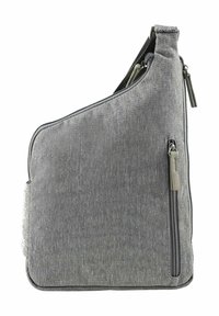 Borsa a spalla in tessuto grigio con forma strutturata, dotata di chiusura con zip e dettagli in accentuazione. Superficie texturizzata e tasca laterale discreta.