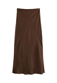 Brown satin midi skirt with a smooth texture, featuring a simple A-line silhouette and an elastic waistband for comfort.