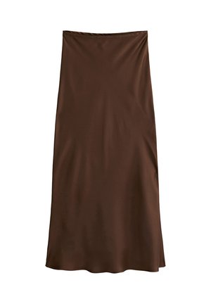 Brown satin midi skirt with a smooth texture, featuring a simple A-line silhouette and an elastic waistband for comfort.