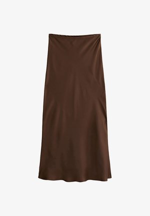 Gonna midi in raso marrone con una texture liscia, caratterizzata da una silhouette semplice a linea A e una cintura elastica per il comfort.