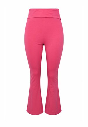 Różowe spodnie z wysokim stanem, rozszerzane ku dołowi z szerokim pasem, dopasowane w biodrach i udach, rozszerzające się od kolan do dołu.