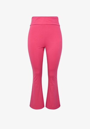 Hoch taillierte, rosa Schlaghosen mit einem breiten Bund, die an Hüften und Oberschenkeln eng anliegen und ab den Knien zum Saum hin ausgestellt sind.