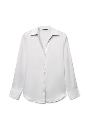 Camicia bianca a maniche lunghe in tessuto liscio con colletto classico, chiusura frontale con bottoni e polsini con bottoni. Design semplice e classico.