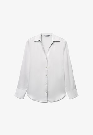 Camicia bianca a maniche lunghe in tessuto liscio con colletto classico, chiusura frontale con bottoni e polsini con bottoni. Design semplice e classico.