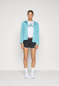 Veste coupe-vent bleu clair avec capuche, t-shirt court blanc avec des rayures vertes, shorts noirs avec bordure blanche et chaussures de sport blanches.