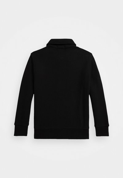 Sweat-shirt noir avec un col, des manches longues et des poignets côtelés. Texture lisse, design simple, sans motifs ni quincaillerie visibles.