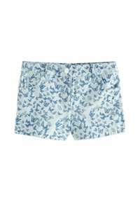 Shorts en denim avec une base bleu clair et un motif de papillons bleu foncé. Comprend des poches avant et une fermeture à bouton à la taille.