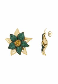 Gold floral earrings with layered petals, green gemstone-encrusted inner petals, and a yellow gemstone cluster center, shown front and side views.