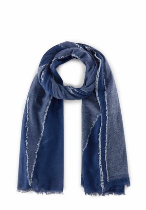 Écharpe bleue en tissu doux, présentant un design texturé avec des bords effilochés et des nuances de bleu contrastées, élégamment drapée.