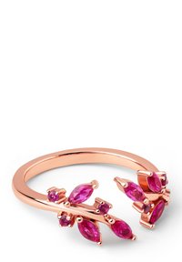 Anillo de oro rosa con un diseño de rama floral que presenta múltiples piedras preciosas rosas en formas marquise y redondas, montadas en una banda lisa.