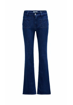 Jean évasé en denim bleu foncé avec une taille cintrée, des coutures décoratives sur les poches arrière et une finition soignée à l'ourlet.